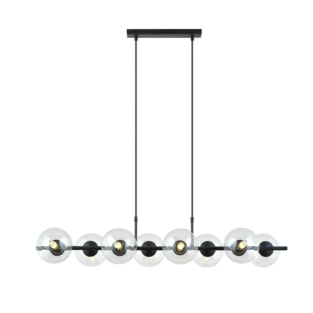 Zwarte hanglamp met acht transparante glazen kappen aan een horizontale balk met twee dunne stangen aan het plafond
