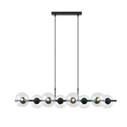 Zwarte hanglamp met acht transparante glazen kappen aan een horizontale balk met twee dunne stangen aan het plafond