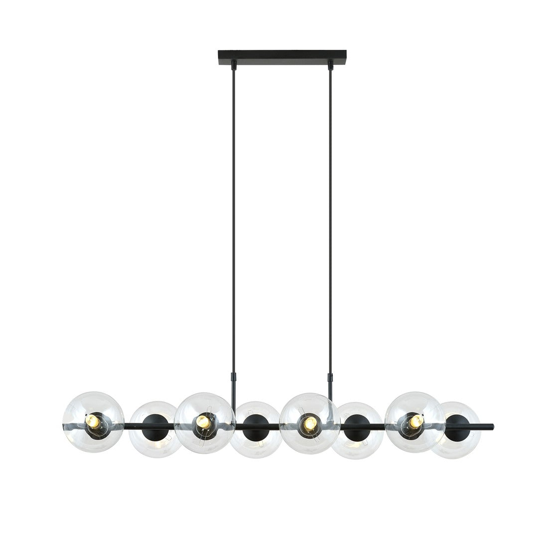 Zwarte hanglamp met acht transparante glazen kappen aan een horizontale balk met twee dunne stangen aan het plafond