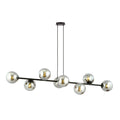Zwarte hanglamp met acht grafietkleurige glazen bollen aan een horizontaal frame, opgehangen aan twee snoeren