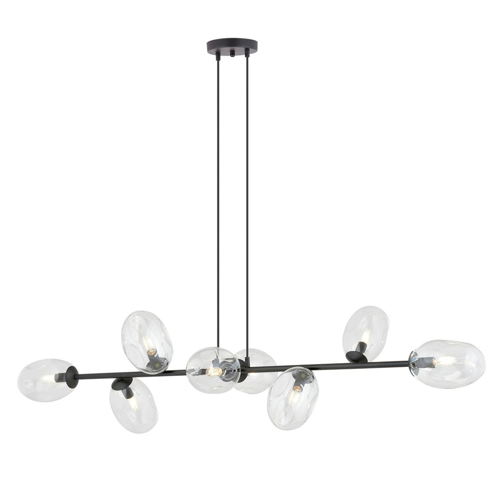 Zwarte hanglamp met acht transparante glazen kappen aan een horizontale stalen balk