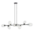 Zwarte hanglamp met acht transparante glazen kappen aan een horizontale stalen balk