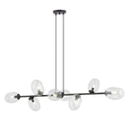 Zwarte hanglamp met acht transparante glazen kappen aan een horizontale stalen balk
