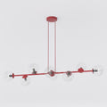 Hanglamp met horizontale rode stang en acht transparante glazen bollen, opgehangen aan twee snoeren