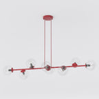 Hanglamp met horizontale rode stang en acht transparante glazen bollen, opgehangen aan twee snoeren
