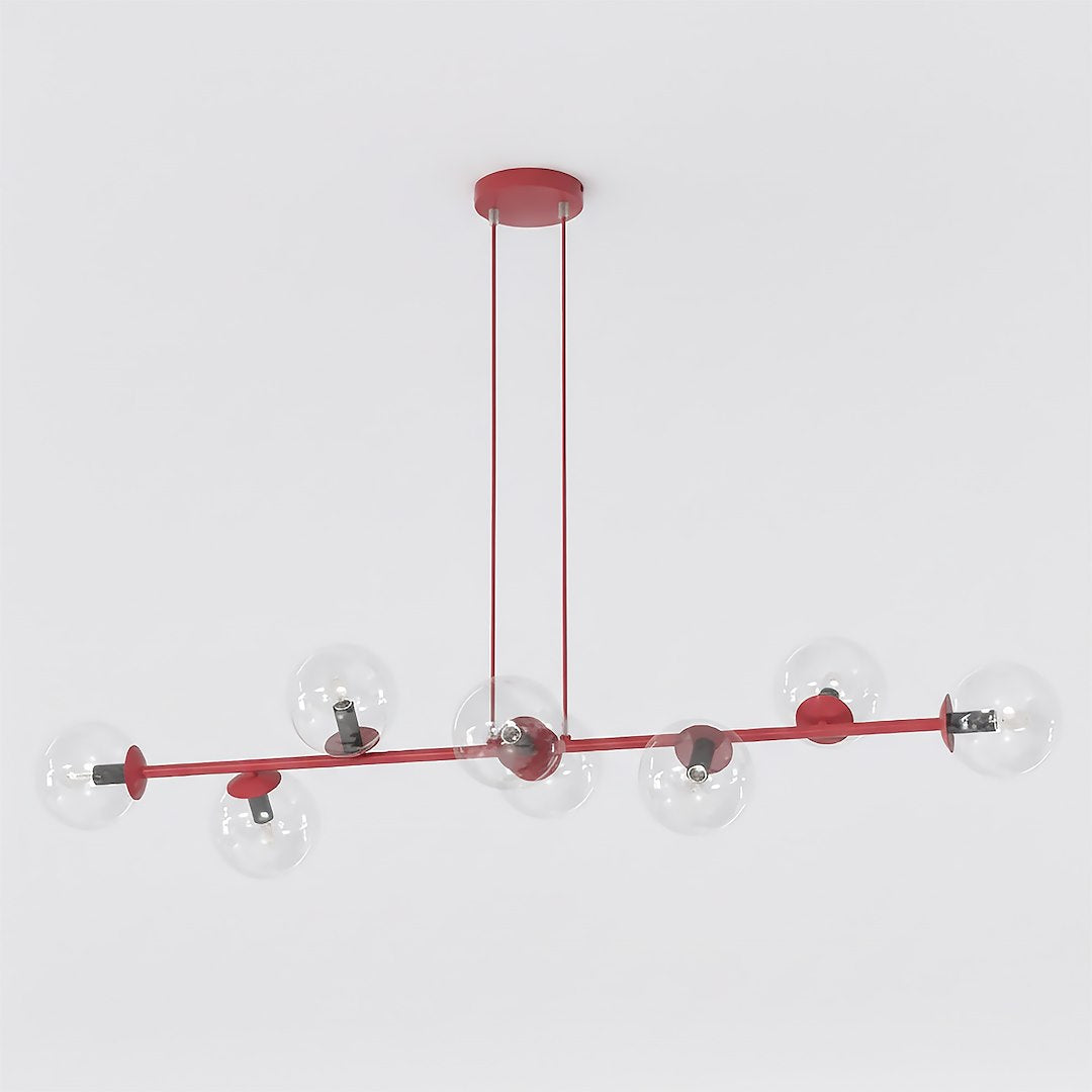 Hanglamp met horizontale rode stang en acht transparante glazen bollen, opgehangen aan twee snoeren