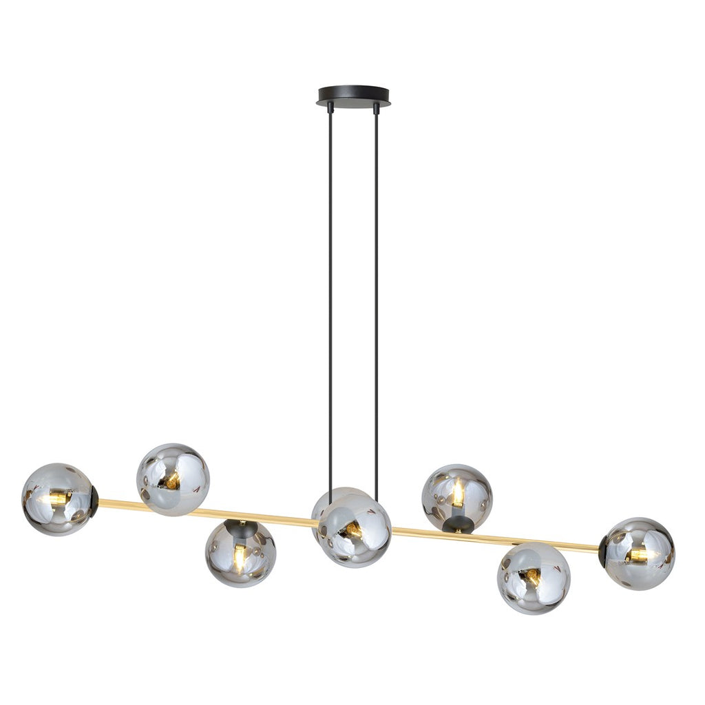 Zwart-gouden hanglamp met acht grafietkleurige glazen bollen aan een horizontale balk
