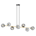 Zwart-gouden hanglamp met acht grafietkleurige glazen bollen aan een horizontale balk