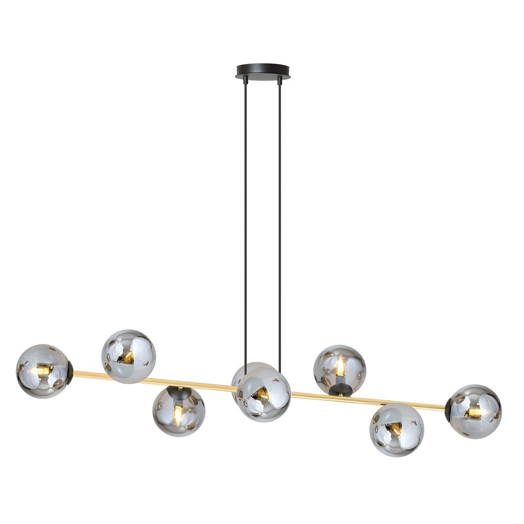 Zwart-gouden hanglamp met acht grafietkleurige glazen bollen aan een horizontale balk