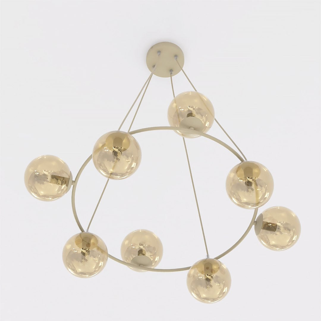 Hanglamp staal en glas Azura, glamour, beige met amber glazen kappen, 9 lichtpunten, Ø 75 cm, eettafel en woonkamer