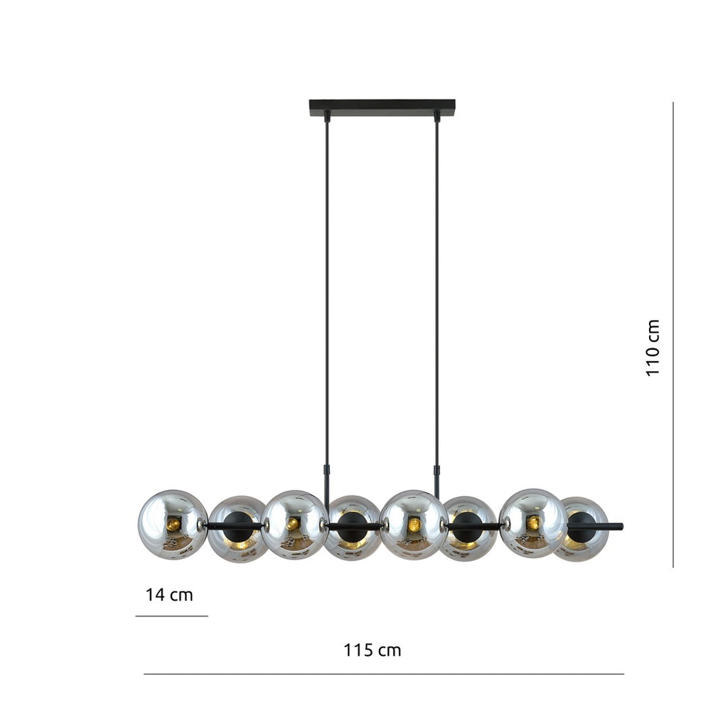 Hanglamp gepoedercoat staal en glas Rory, zwart met grafiet glazen kappen, 115 cm breed, 8 lichtpunten, eettafel