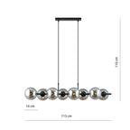 Hanglamp gepoedercoat staal en glas Rory, zwart met grafiet glazen kappen, 115 cm breed, 8 lichtpunten, eettafel