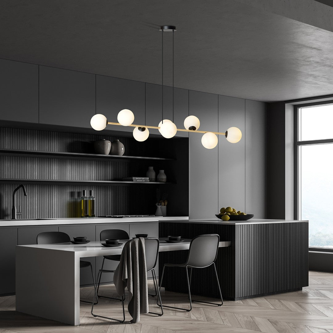 Hanglamp gepoedercoat staal Gravity glamour zwart goud met witte glazen kappen, 8 lichtpunten, 140 cm