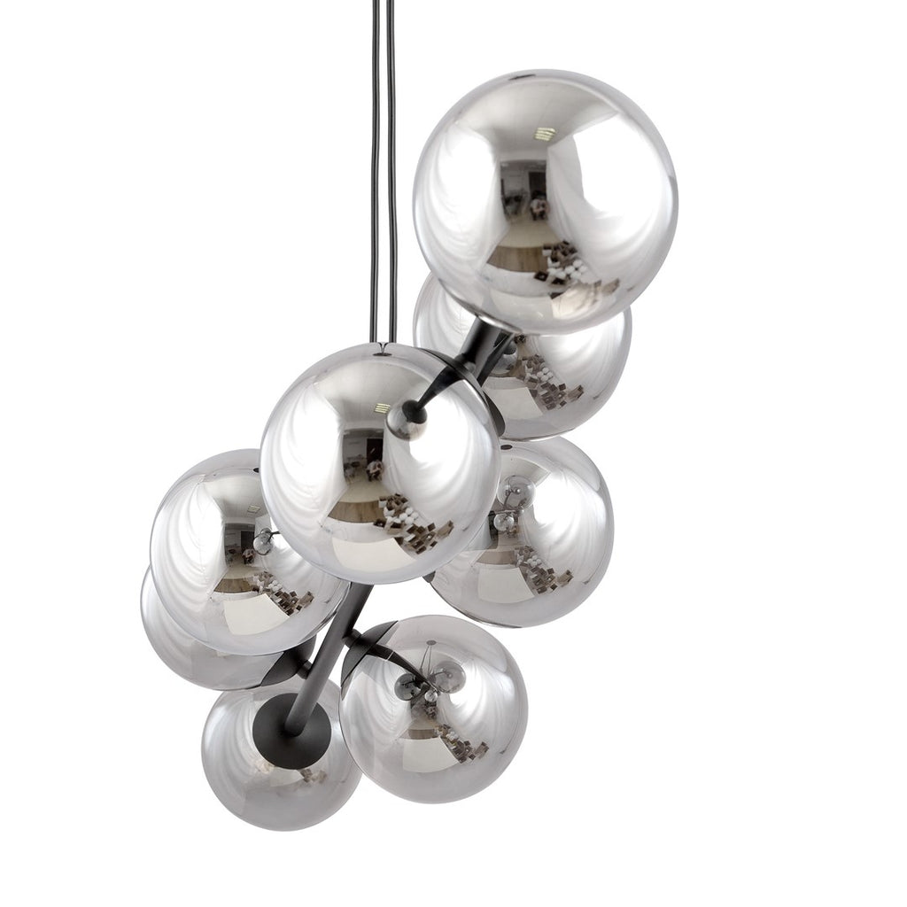 Hanglamp gepoedercoat staal en glas Rossi, zwart met grafiet kappen, 8 lichtpunten E14, 130 cm breed