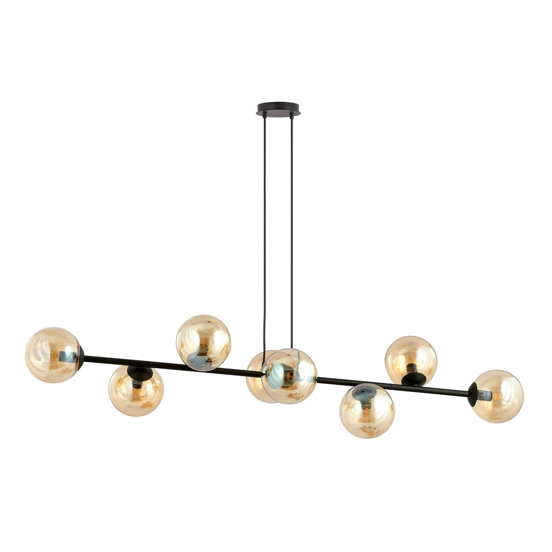 Hanglamp gepoedercoat staal en glas Rossi, modern, zwart met amber kappen, 8 lichts, 130 x 100 cm