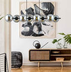 Hanglamp gepoedercoat staal en glas Rory, zwart met grafiet glazen kappen, 115 cm breed, 8 lichtpunten, eettafel