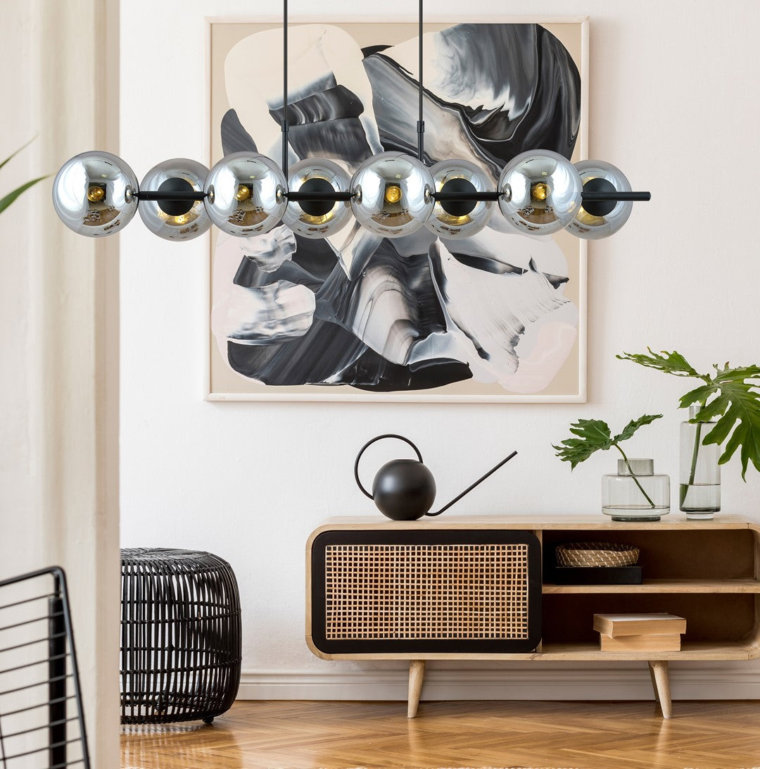 Hanglamp gepoedercoat staal en glas Rory, zwart met grafiet glazen kappen, 115 cm breed, 8 lichtpunten, eettafel