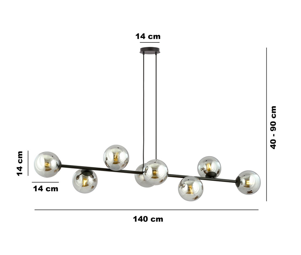 Hanglamp gepoedercoat staal en glas Rossi, zwart met grafiet kappen, 8 lichtpunten E14, 130 cm breed