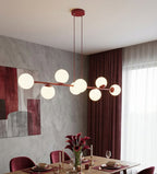 Hanglamp gepoedercoat staal modern Magnus bordeaux met witte glazen kappen, 8 fittingen E14, 130 x 30 cm