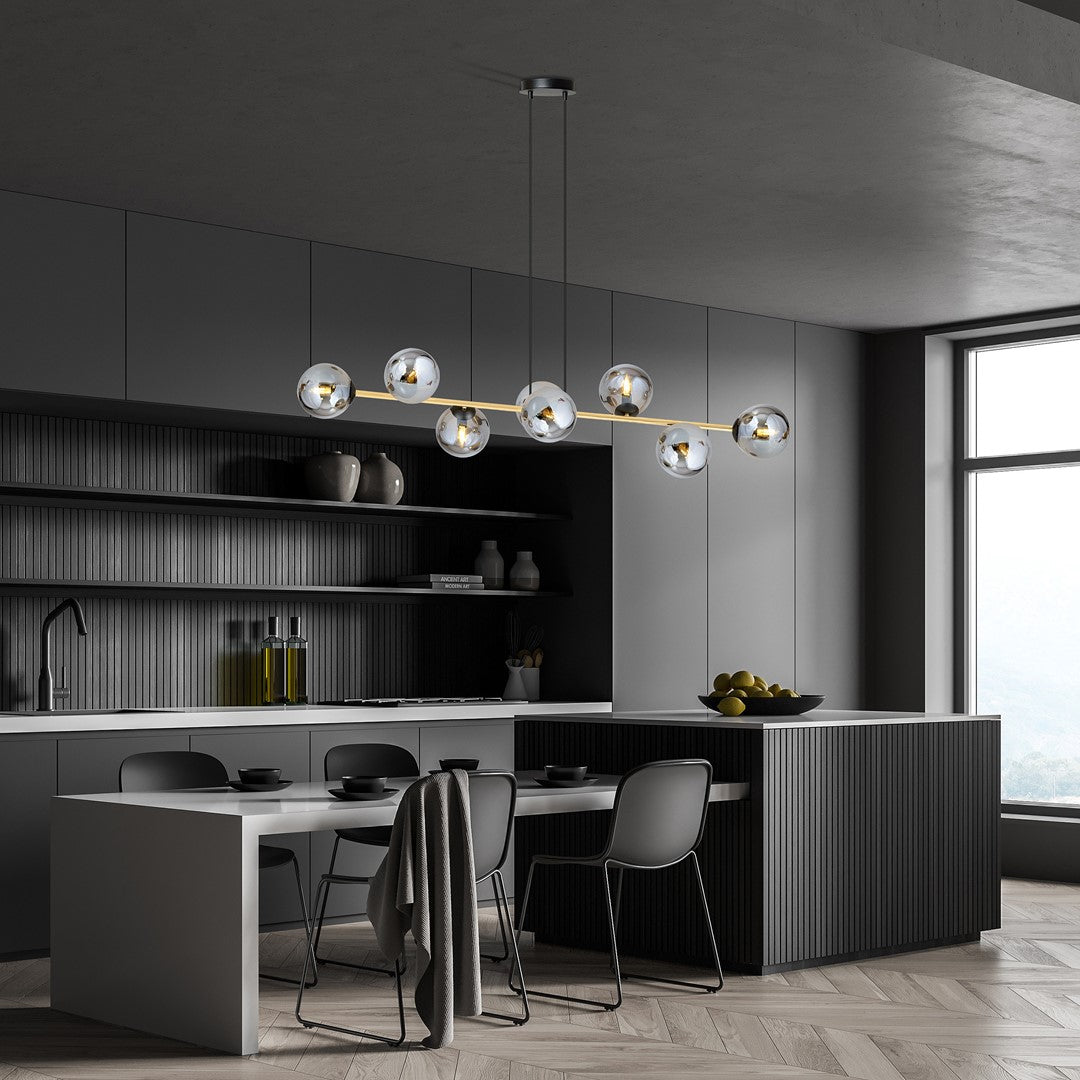 Hanglamp staal glas Gravity glamour zwart met goud en grafiet kappen, 8 lichts, 140 x 100 cm