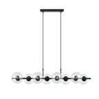 Hanglamp gepoedercoat staal en glas, Rory, zwart met transparante kappen, 115 cm breed, 8 lichts, eettafel