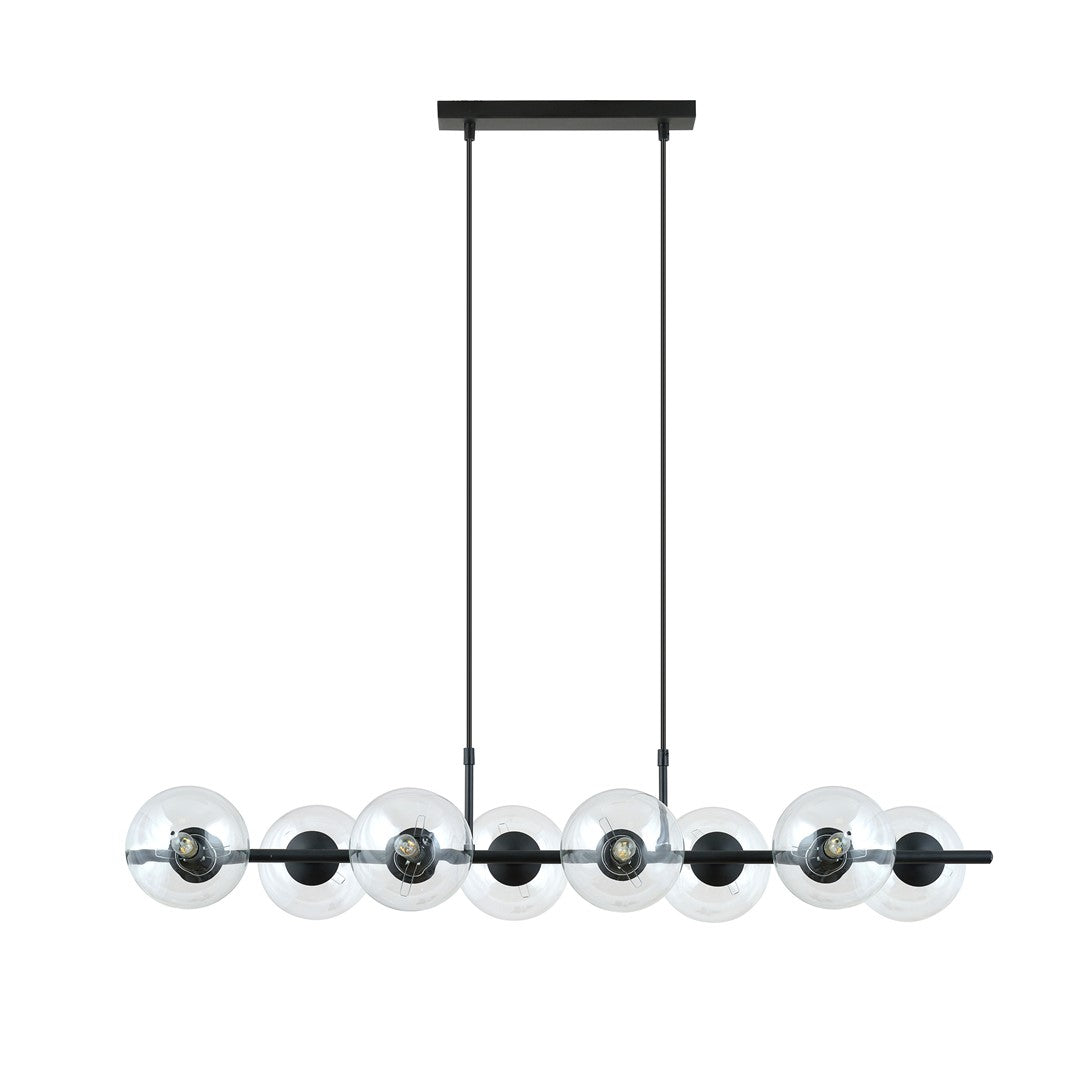 Hanglamp gepoedercoat staal en glas, Rory, zwart met transparante kappen, 115 cm breed, 8 lichts, eettafel