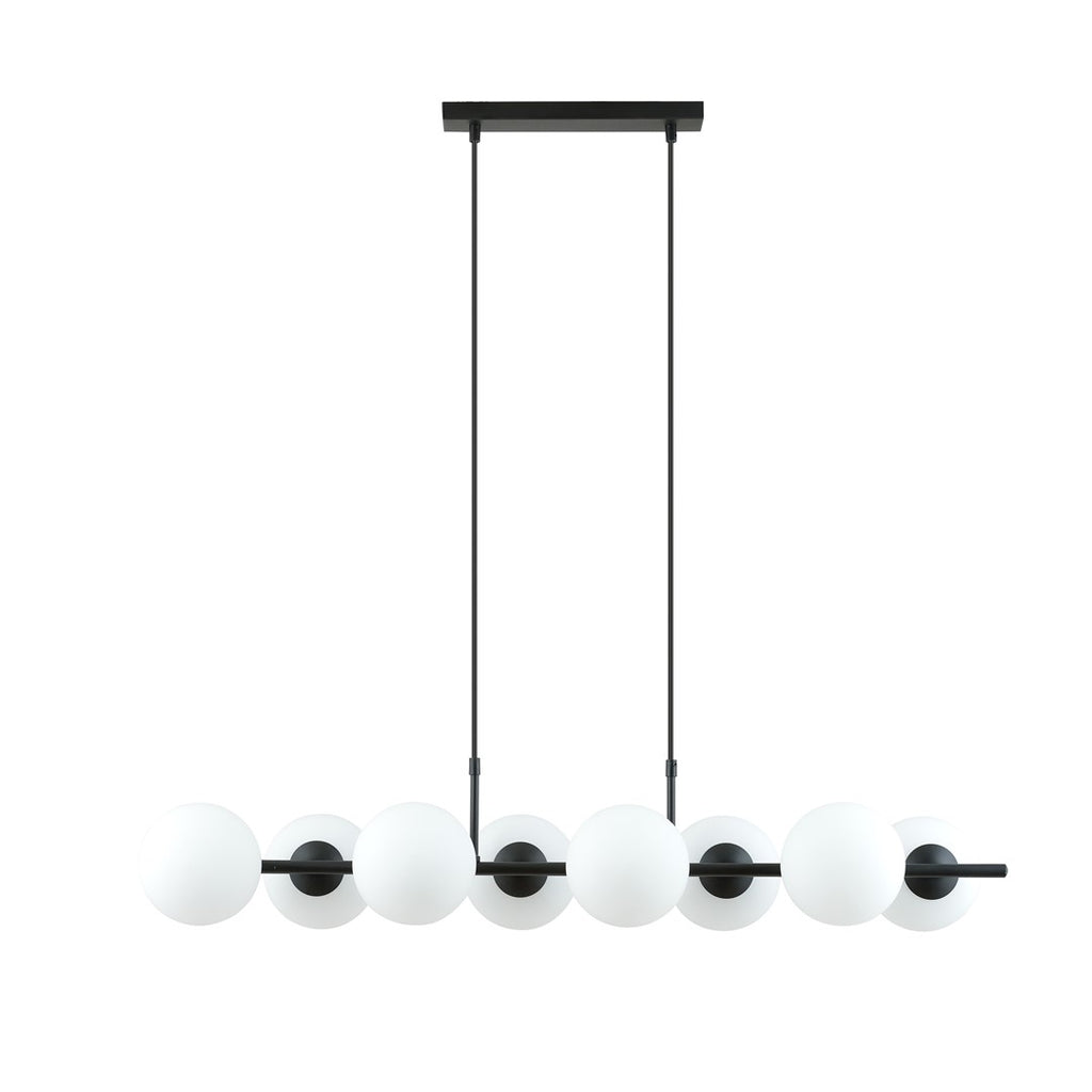 Hanglamp gepoedercoat staal en glas, modern Rory 8 lichts, zwart met witte kappen, 115 cm breed, eettafel