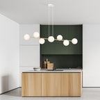 Hanglamp gepoedercoat staal en glas Gravity, wit en goud, 140 cm breed, 8 fittingen E14, verstelbare hoogte