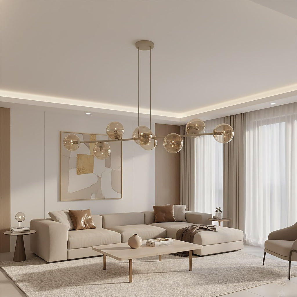Hanglamp gepoedercoat staal en glas modern Magnus beige met amber kappen 130 cm breed, 8 lichtpunten