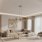 Hanglamp gepoedercoat staal en glas modern Magnus beige met amber kappen 130 cm breed, 8 lichtpunten