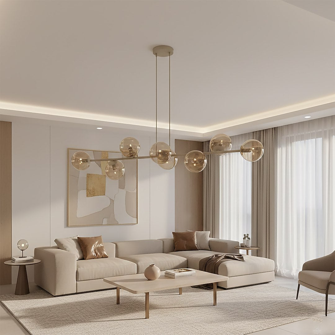 Hanglamp gepoedercoat staal en glas modern Magnus beige met amber kappen 130 cm breed, 8 lichtpunten