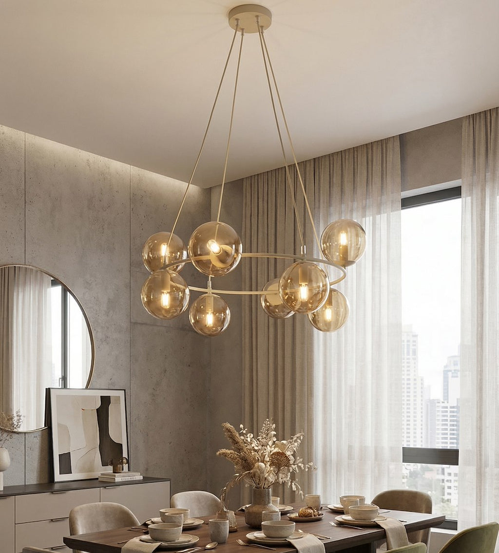 Hanglamp staal en glas Azura, glamour, beige met amber glazen kappen, 9 lichtpunten, Ø 75 cm, eettafel en woonkamer