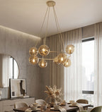 Hanglamp staal en glas Azura, glamour, beige met amber glazen kappen, 9 lichtpunten, Ø 75 cm, eettafel en woonkamer