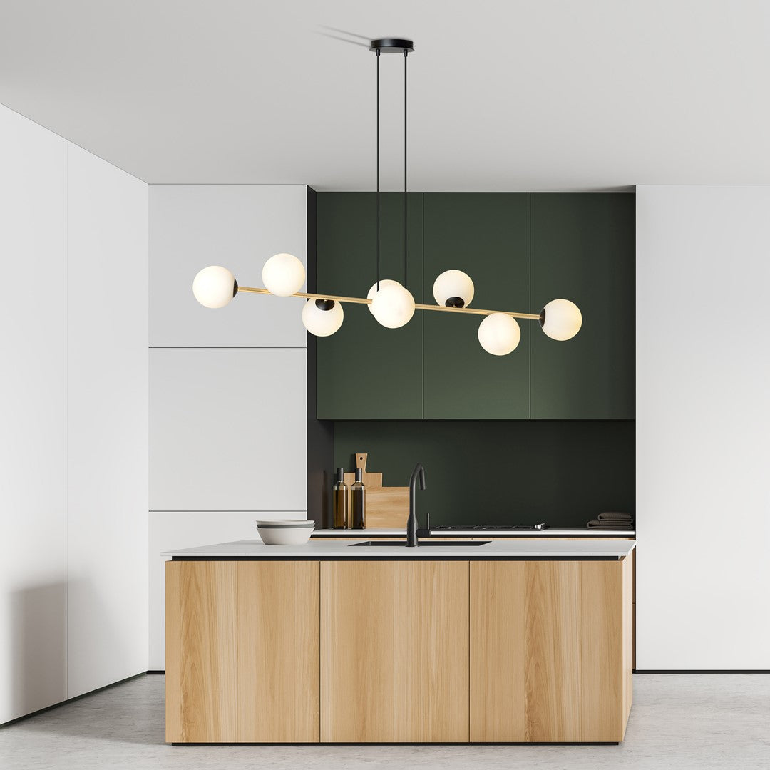 Hanglamp gepoedercoat staal Gravity glamour zwart goud met witte glazen kappen, 8 lichtpunten, 140 cm
