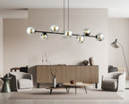 Hanglamp gepoedercoat staal en glas Rossi, zwart met grafiet kappen, 8 lichtpunten E14, 130 cm breed