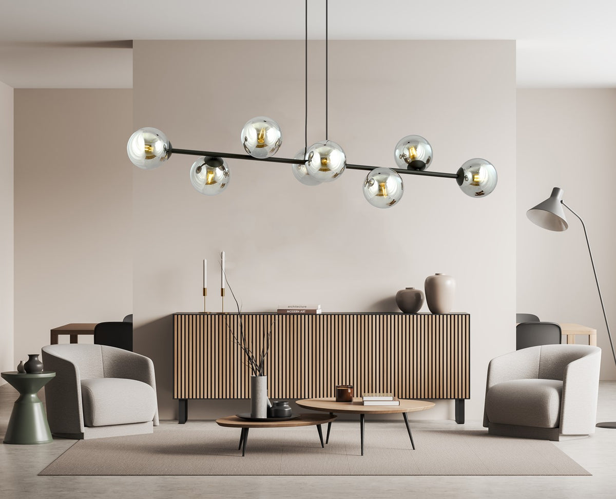 Hanglamp gepoedercoat staal en glas Rossi, zwart met grafiet kappen, 8 lichtpunten E14, 130 cm breed