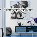 Hanglamp gepoedercoat staal en glas, Rory, zwart met transparante kappen, 115 cm breed, 8 lichts, eettafel