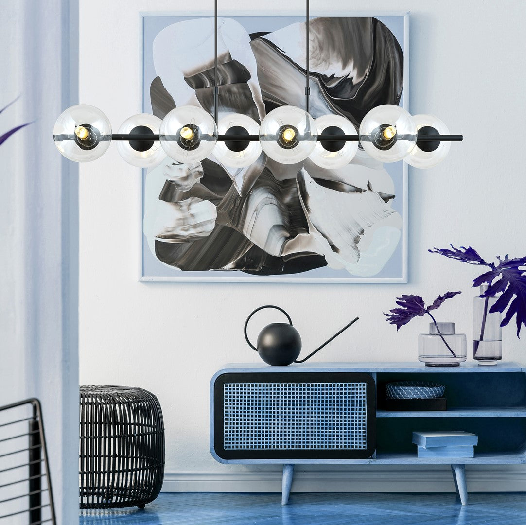 Hanglamp gepoedercoat staal en glas, Rory, zwart met transparante kappen, 115 cm breed, 8 lichts, eettafel
