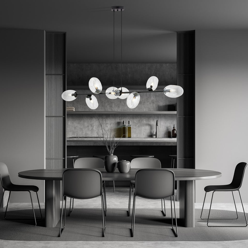 Hanglamp gepoedercoat staal en glas Pandora, zwart met transparante kappen, 8 lichts, 140 x 100 cm