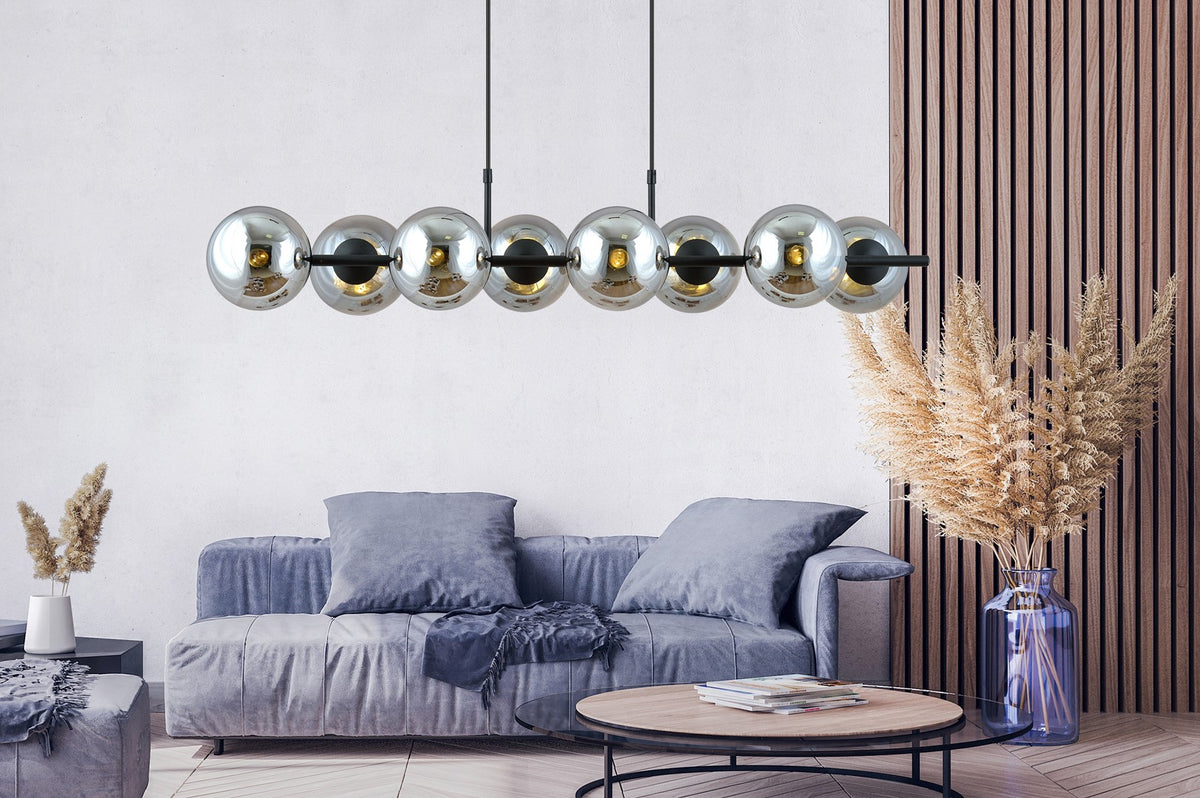 Hanglamp gepoedercoat staal en glas Rory, zwart met grafiet glazen kappen, 115 cm breed, 8 lichtpunten, eettafel