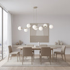 Hanglamp gepoedercoat staal en glas, modern Magnus, beige met witte kappen, 130 x 30 cm, 8 fittingen