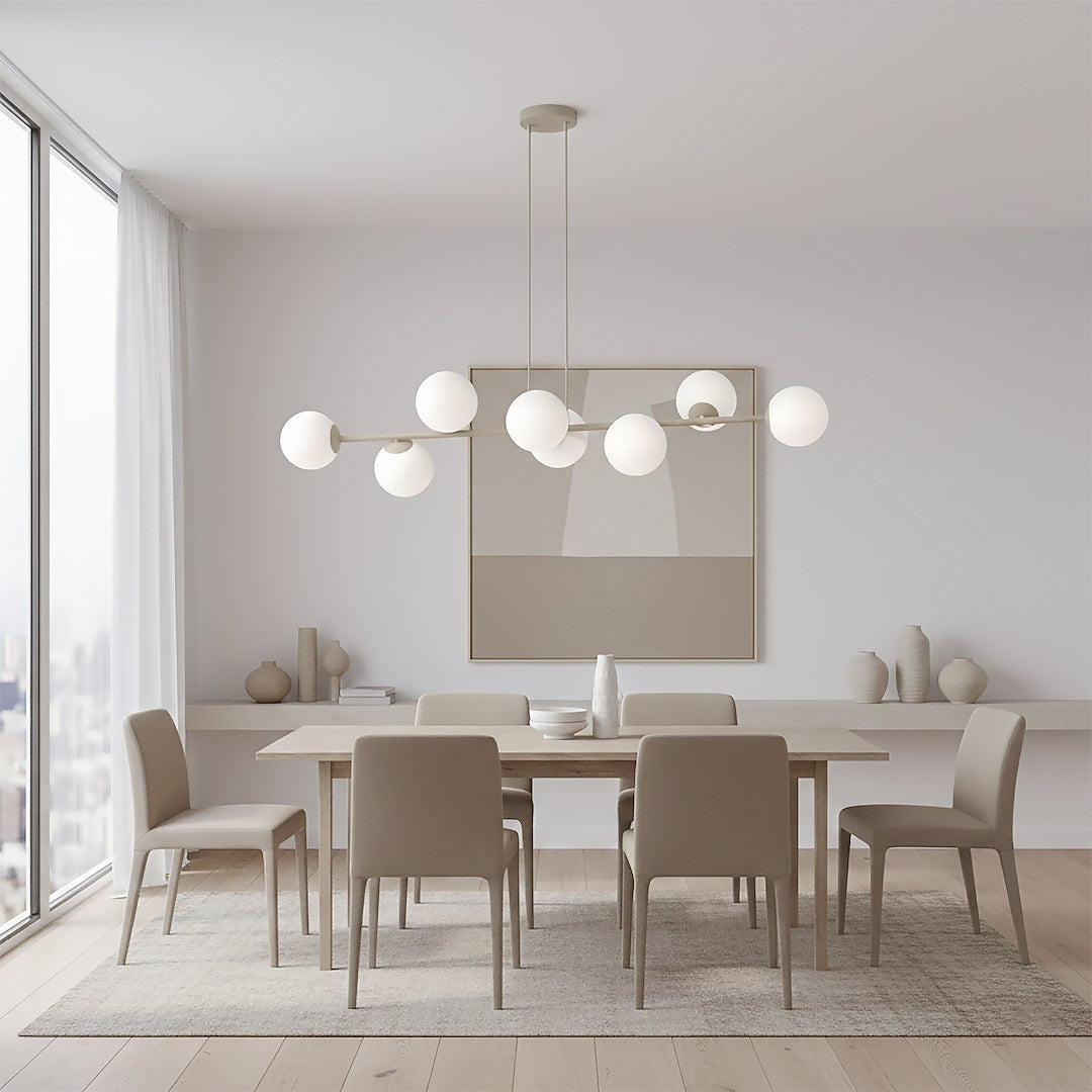 Hanglamp gepoedercoat staal en glas, modern Magnus, beige met witte kappen, 130 x 30 cm, 8 fittingen