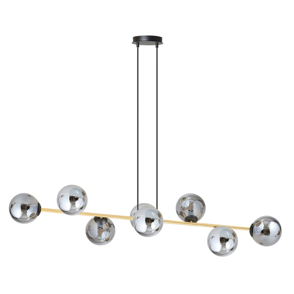 Hanglamp staal glas Gravity glamour zwart met goud en grafiet kappen, 8 lichts, 140 x 100 cm
