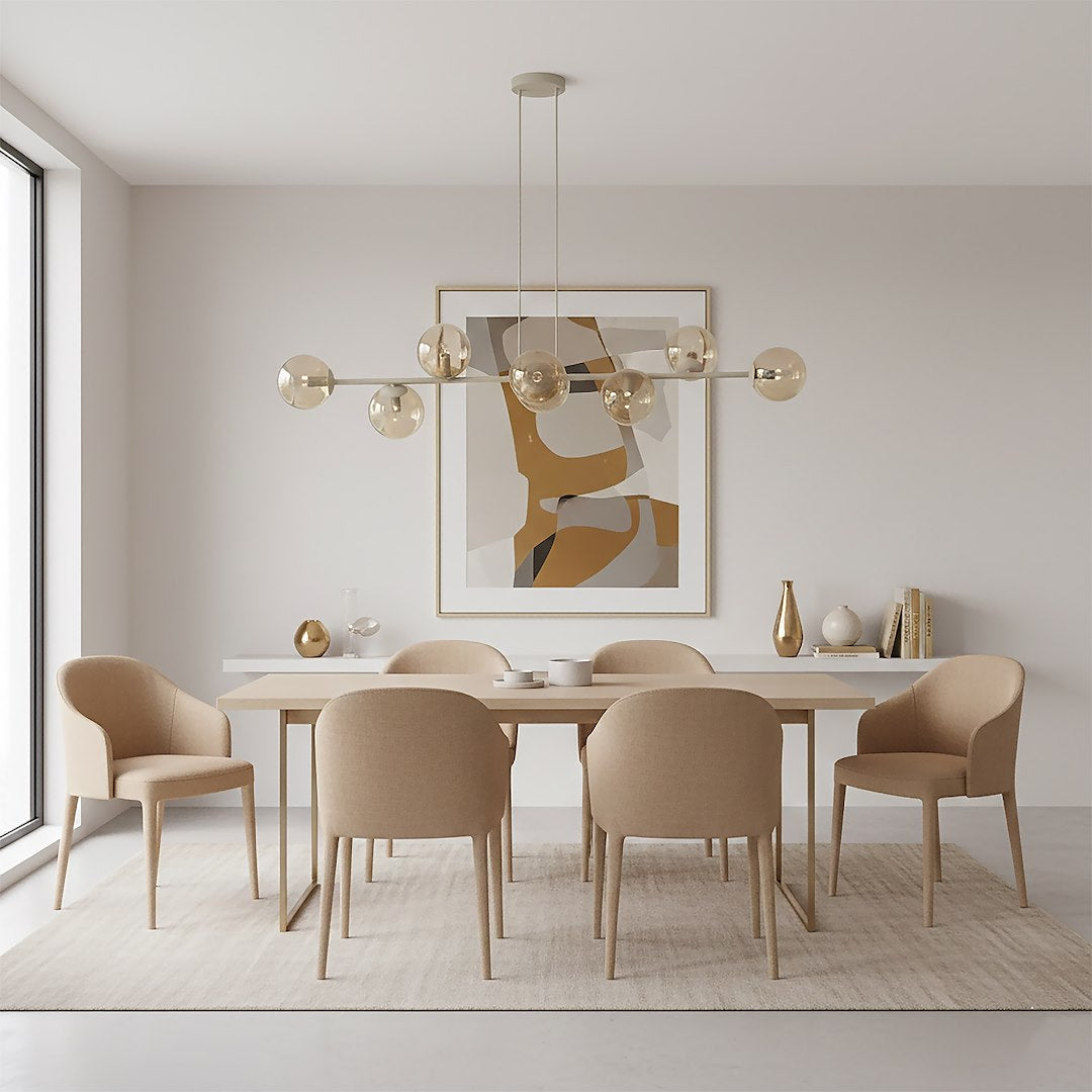 Hanglamp gepoedercoat staal en glas modern Magnus beige met amber kappen 130 cm breed, 8 lichtpunten