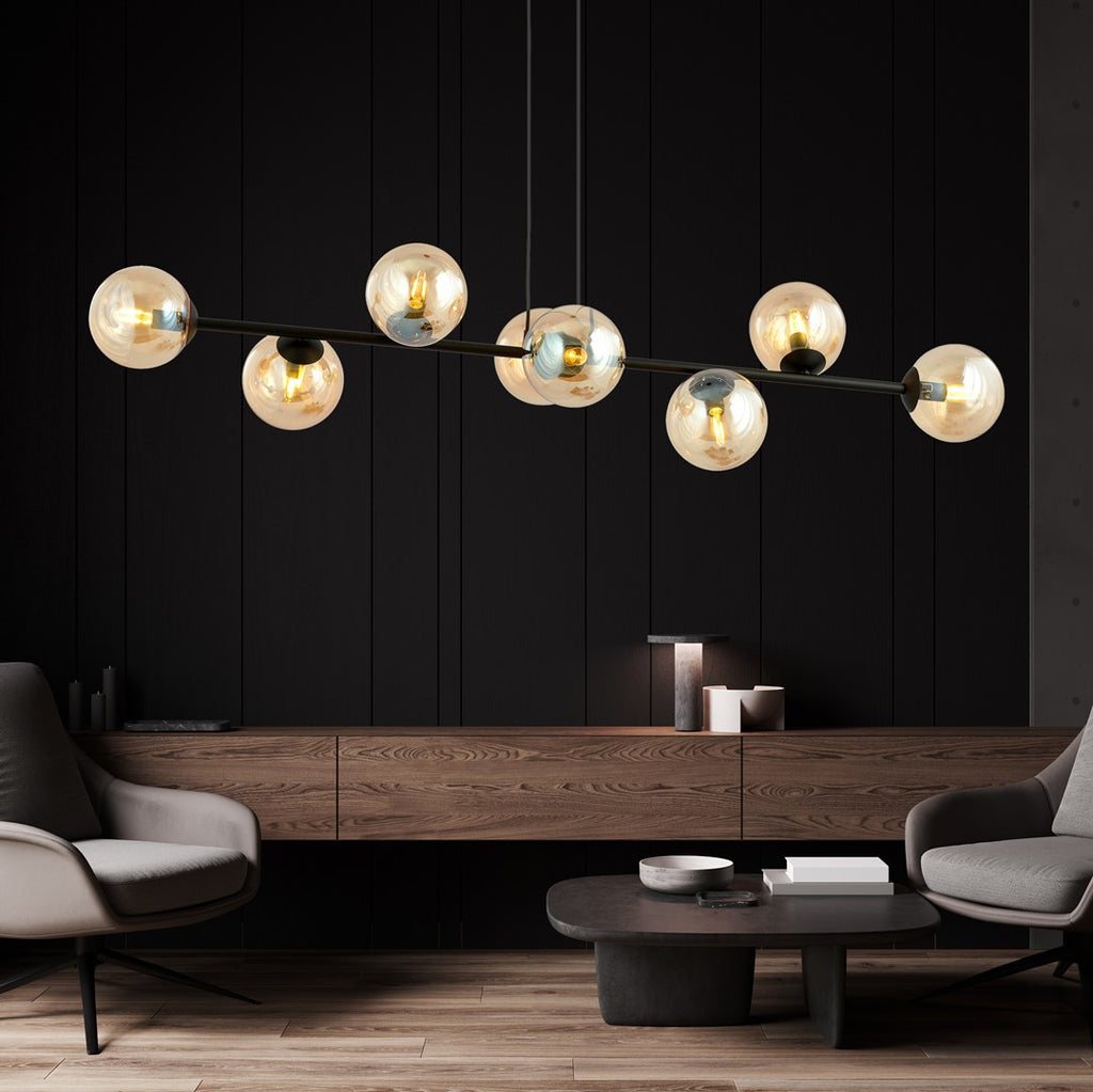 Hanglamp gepoedercoat staal en glas Rossi, modern, zwart met amber kappen, 8 lichts, 130 x 100 cm