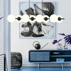 Hanglamp gepoedercoat staal en glas, modern Rory 8 lichts, zwart met witte kappen, 115 cm breed, eettafel