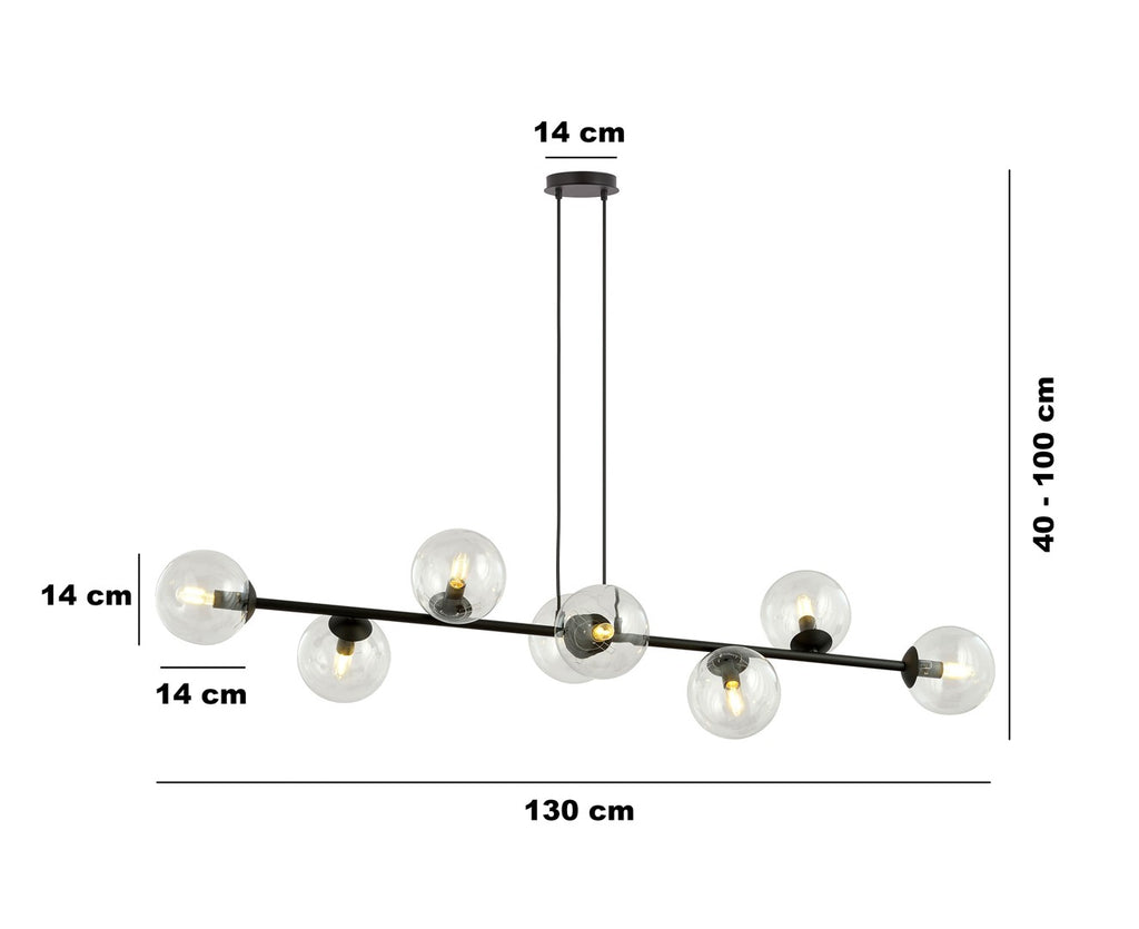 Hanglamp gepoedercoat staal en glas, modern Rossi zwart met transparant glas, 130 x 100 cm, 8 lichtpunten