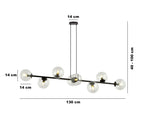 Hanglamp gepoedercoat staal en glas, modern Rossi zwart met transparant glas, 130 x 100 cm, 8 lichtpunten