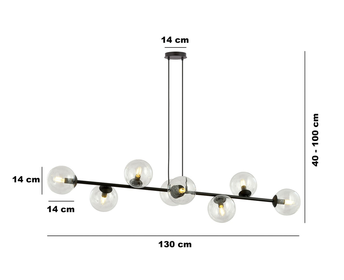 Hanglamp gepoedercoat staal en glas, modern Rossi zwart met transparant glas, 130 x 100 cm, 8 lichtpunten