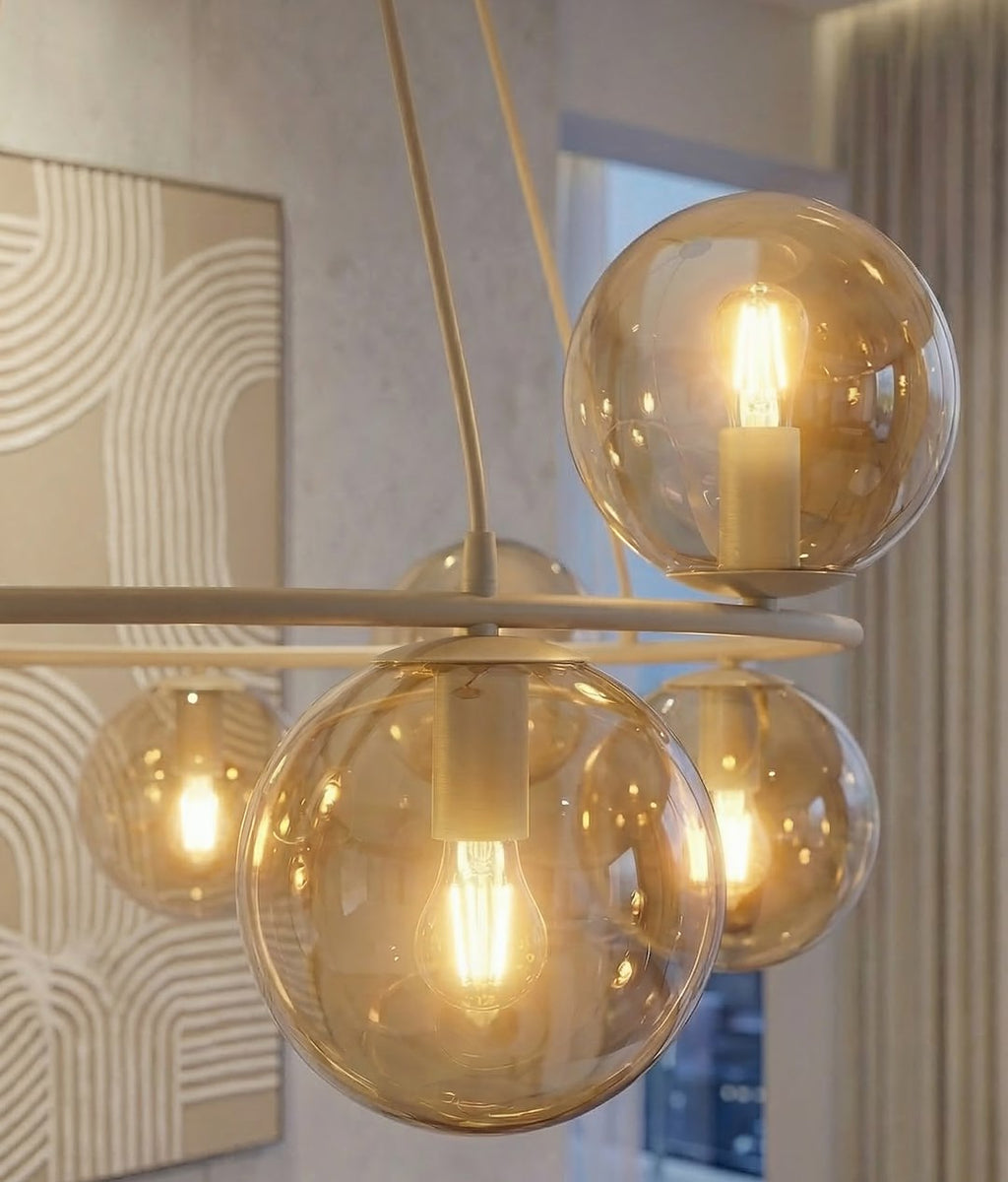 Hanglamp staal en glas Azura, glamour, beige met amber glazen kappen, 9 lichtpunten, Ø 75 cm, eettafel en woonkamer